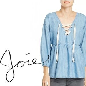 Joie Bealette lace up‎ chambray babydoll top xs